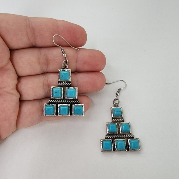 NEW Turquoise Western Antique Metal Dangle Earrings - Picture 6 of 7